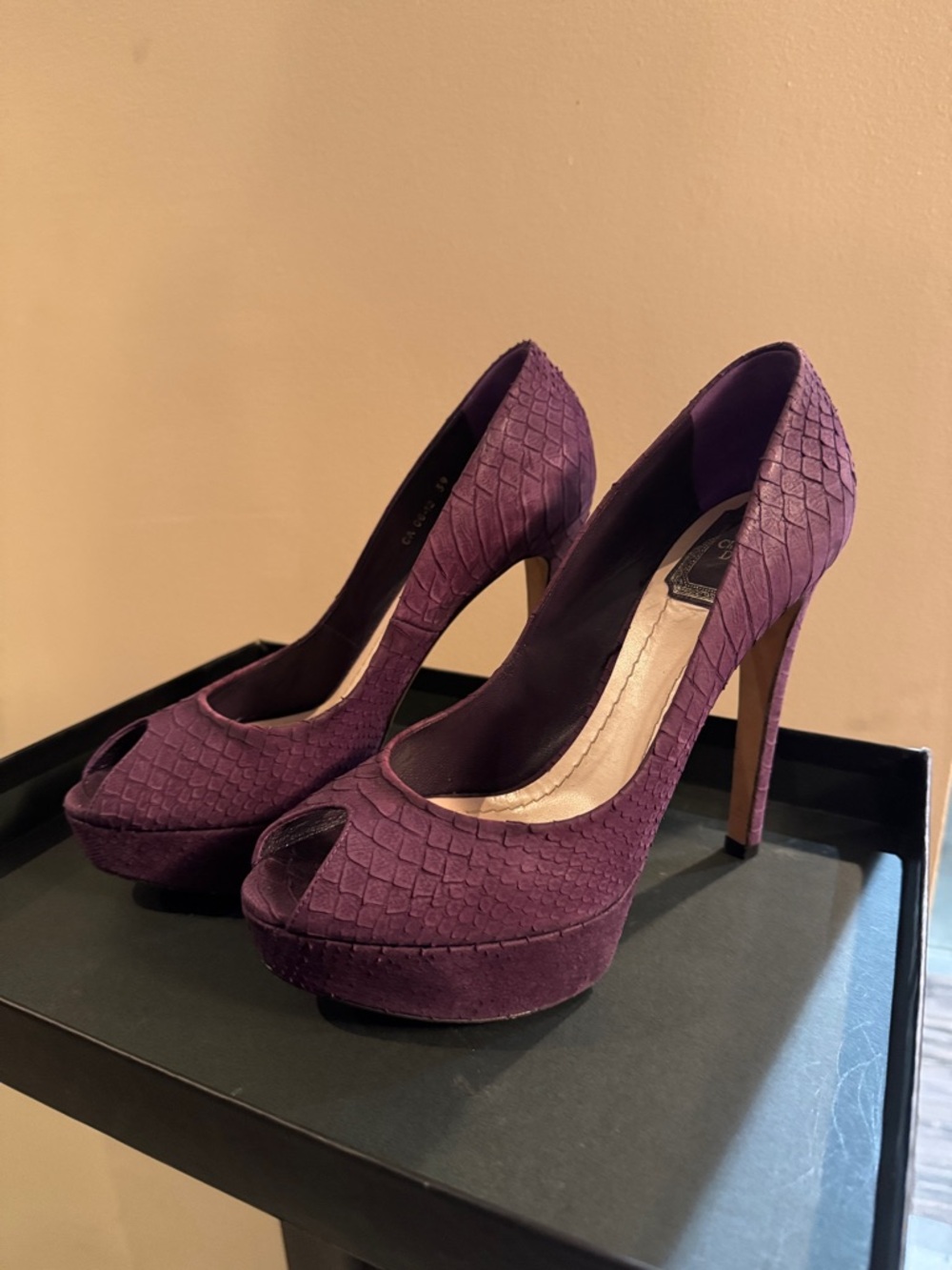 Dior Purple Textured Peep-Toe Platform Stilettos